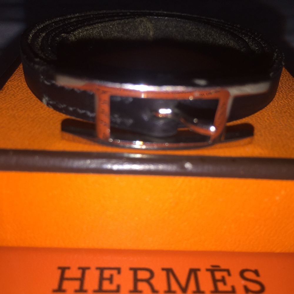 AUTH HERMES HAPI BLK LEATHER WRAP BANGLE BRACELET - Picture 6 of 8